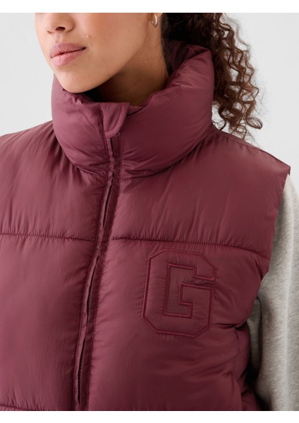 Kadın Bordo Gap Logo Geri Dönüştürülmüş Crop Puffer Şişme Yelek modelleri