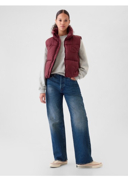 Kadın Bordo Gap Logo Geri Dönüştürülmüş Crop Puffer Şişme Yelek fırsatları