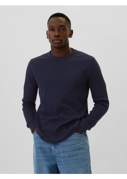 Erkek Lacivert Waffle-Knit Crewneck T-Shirt