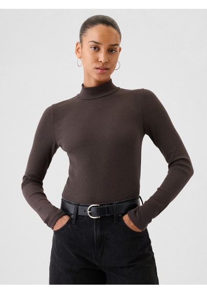 Kadın Kahverengi Modern Fitilli Crop Balıkçı Yaka T-Shirt