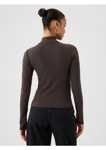 Kadın Kahverengi Modern Fitilli Crop Balıkçı Yaka T-Shirt indirimleri