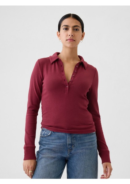 Kadın Bordo Modern Crop Polo Yaka T-Shirt