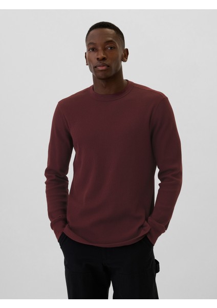 Erkek Bordo Waffle-Knit Crewneck T-Shirt
