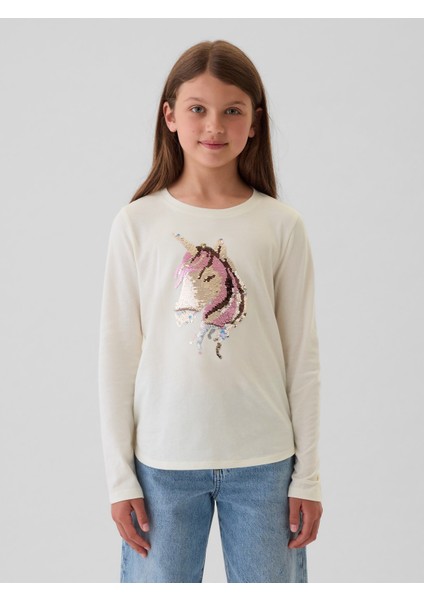 Kız Çocuk Kırık Beyaz Flippy Pullu T-Shirt