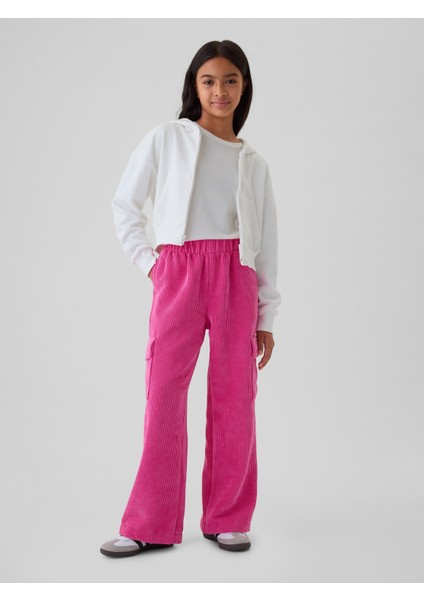 Kız Çocuk Pembe Wide-Leg Kadife Pull-On Kargo Pantolon