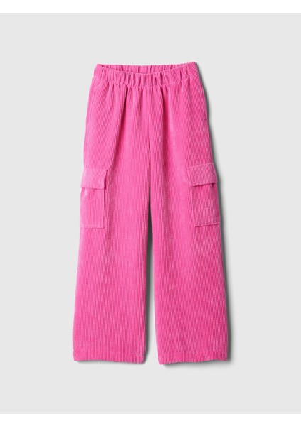 Kız Çocuk Pembe Wide-Leg Kadife Pull-On Kargo Pantolon