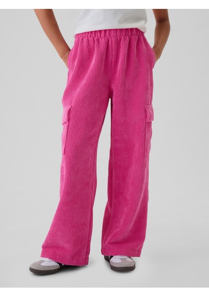 Kız Çocuk Pembe Wide-Leg Kadife Pull-On Kargo Pantolon