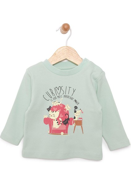 HelloBaby Basic Kedi Desenli Interlok Uzun Kol Tshirt Kız Bebek