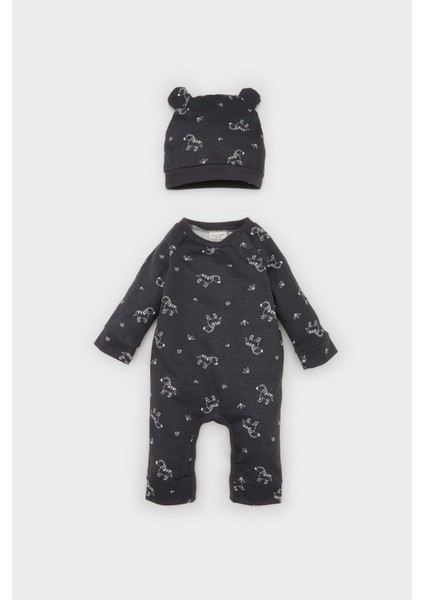 Erkek Bebek Yenidoğan 2'li Takım Zebra Baskılı Uzun Kollu Tulum Bere D3028A524AU