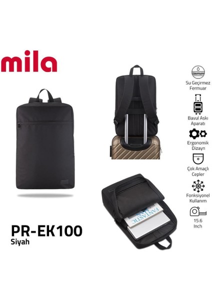 Mila PR-EK100 15,6'su Geçirmez Kumaş Fermuar Notebook Sırt Çantası+Kablosuz Mouse