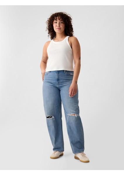 Kadın Mavi High Rise Barrel Jean Pantolon fırsatları