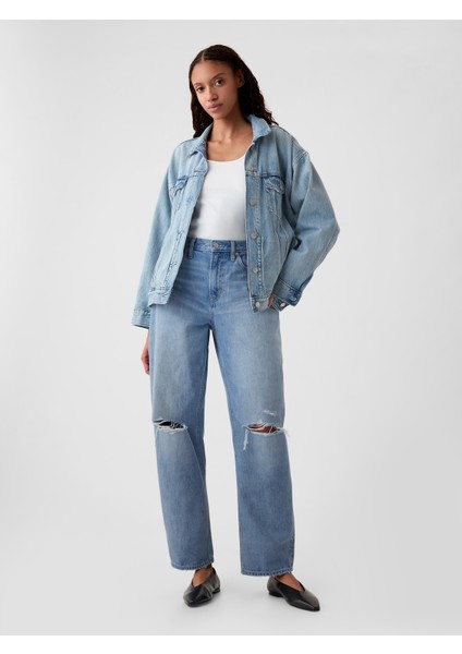 Kadın Mavi High Rise Barrel Jean Pantolon