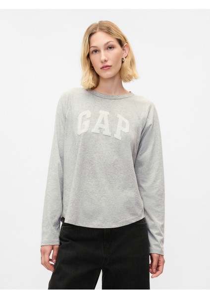 Kadın Gri Organik Pamuk Raglan Gap Logo T-Shirt