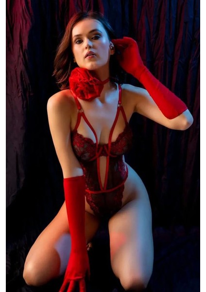 Kırmızı Dantelli Eldivenli Bodysuit modelleri