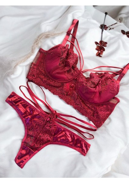 Balenli Bordo Bralet Takım