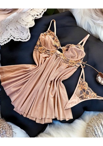 Balenli Vizon Renk Babydoll Gecelik Tanga Set