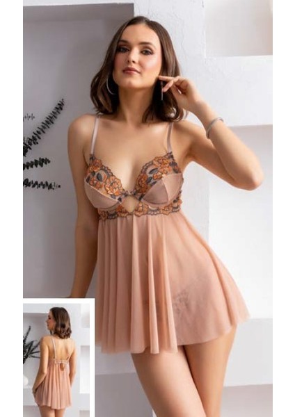 Balenli Vizon Renk Babydoll Gecelik Tanga Set