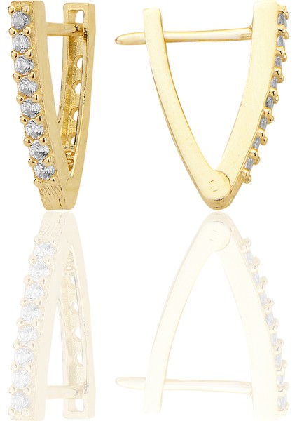 14 Ayar Altın V Hoop Zircon Taşlı Minimalist Küpe AT018