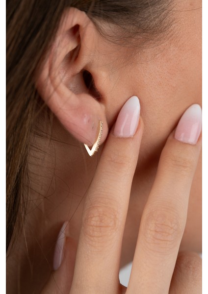 14 Ayar Altın V Hoop Zircon Taşlı Minimalist Küpe AT018 indirimleri