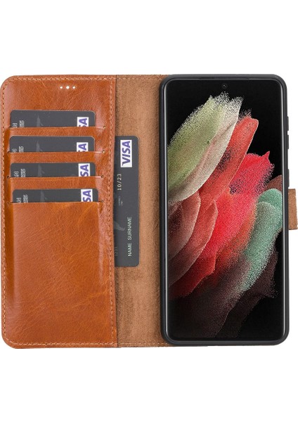 Samsung Galaxy S21 Plus Uyumlu Deri Cüzdanlı Kılıf Rustik Taba