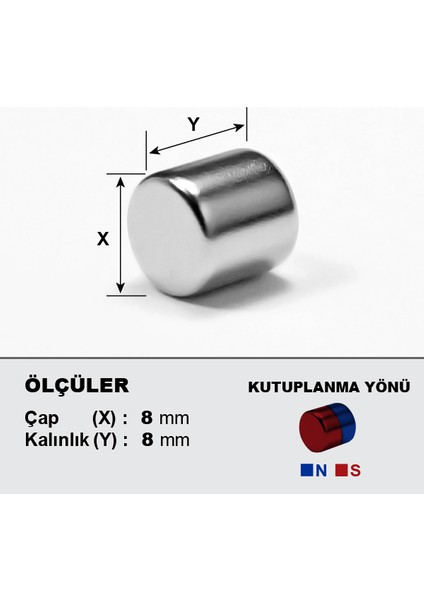 Neodyum Mıknatıs 8x8 Çap 8 mm Kalınlık 8 mm Çok Güçlü Mıknatıs 5'li