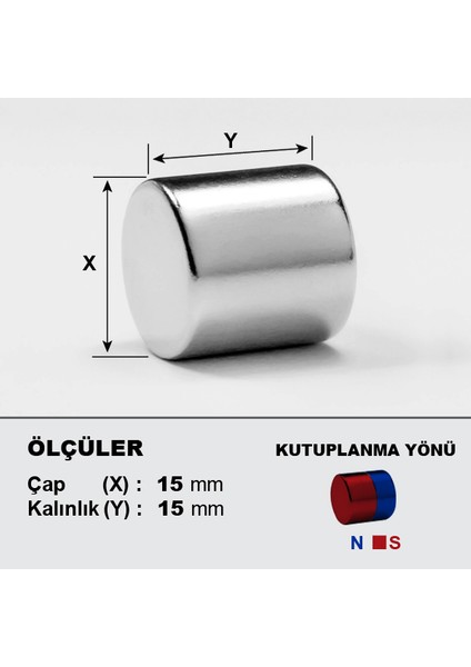 Neodyum Mıknatıs Çap 15 mm Kalınlık 15 mm 15x15 mm Çok Güçlü Yuvarlak Mıknatıs 2'li