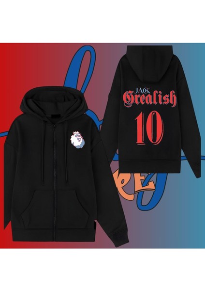 Jack Grealish 10 Numara Futbol Sırt Baskılı Siyah Fermuarlı Kalın Kapüşonlu Sweatshirt Ceket