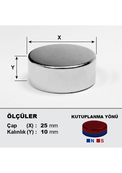 Neodyum Mıknatıs 25x10 Çap 25 mm Kalınlık 10 mm Çok Güçlü Mıknatıs (1 Adet)