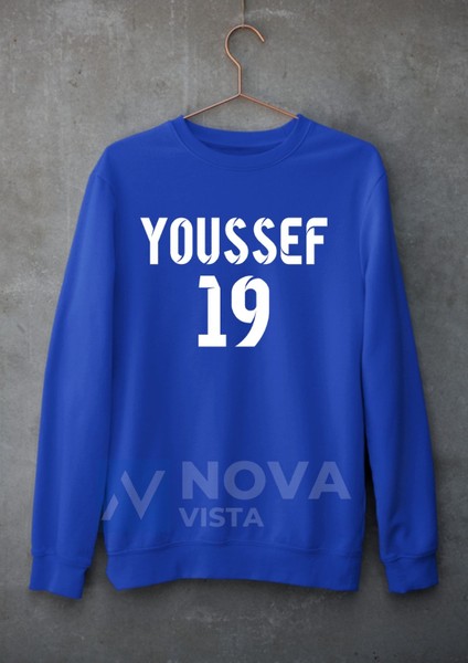 Biy Store Yusuf En-Nesyri Sırt Yazı Forma Baskılı Unisex Bisiklet Yaka Mavi Kışlık Sweatshirt