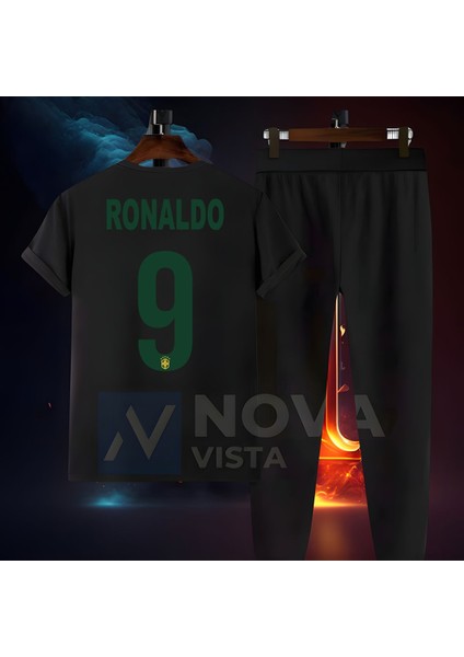 Fenomen Ronaldo Yazılı Futbol Baskılı Forma Siyah Tişört Kadın Erkek Unisex T-Shirt Eşofman Takımı
