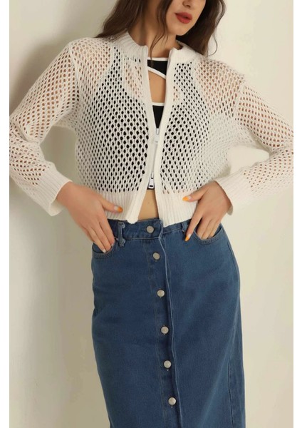 Çift Yön Fermuarlı Ajurlu Yazlık Hırka-Modern Trend %100 Pamuk
