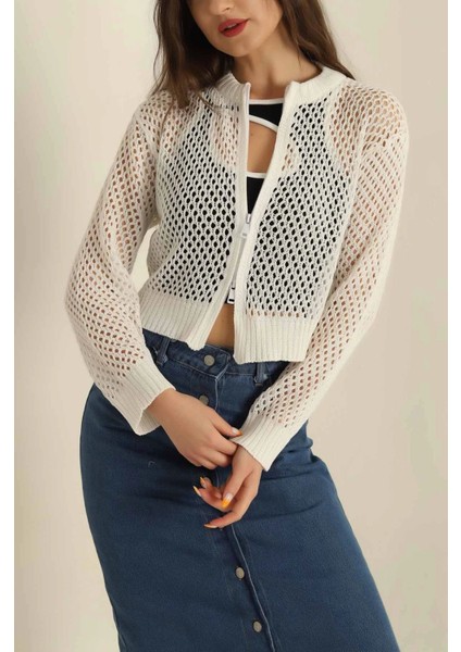 Çift Yön Fermuarlı Ajurlu Yazlık Hırka-Modern Trend %100 Pamuk