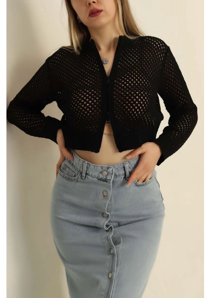 Çift Yön Fermuarlı Ajurlu Yazlık Hırka-Modern Trend %100 Pamuk