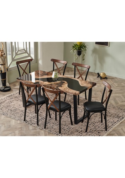 tonet serısı,80 x 160 cm uv baskılı sabit mutfak masası takımı siyah metal ayak 6 sandalye