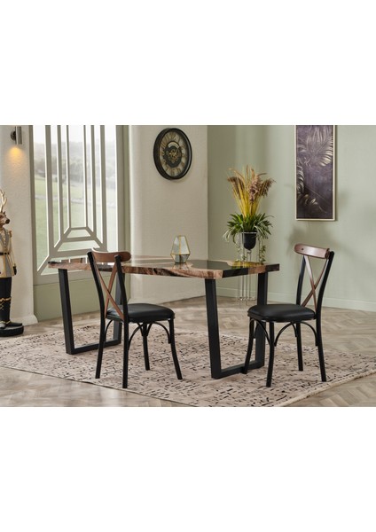 tonet serısı,80 x 160 cm uv baskılı sabit mutfak masası takımı siyah metal ayak 6 sandalye