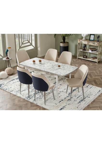 mona serısı,80 x 130 cm beyaz mermer açılabilir mutfak masası metal krom ayak 6 krem'e antrasit sandalye