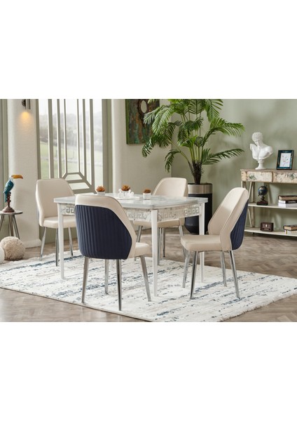 mona serısı,80 x 130 cm beyaz mermer açılabilir mutfak masası metal krom ayak 6 krem'e antrasit sandalye