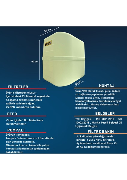 13 Aşamalı 12 Litre Beyaz Kapalı Kasa Pompalı Su Arıtma Cihazı