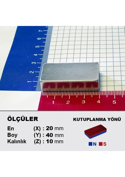 Neodyum Mıknatıs 40 x 20 x 10 Boy 40 mm En 20 mm Kalınlık 10 mm Süper Güçlü Mıknatıs