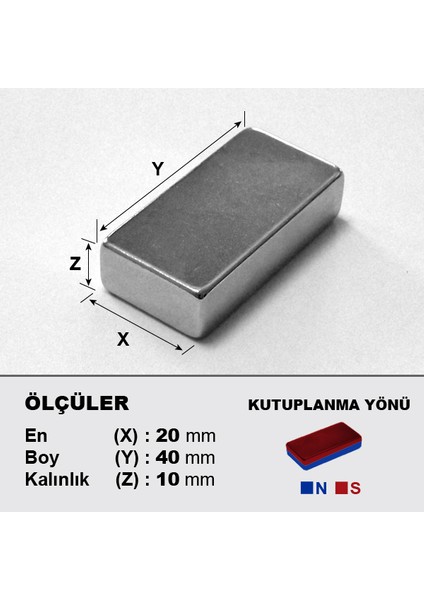 Neodyum Mıknatıs 40 x 20 x 10 Boy 40 mm En 20 mm Kalınlık 10 mm Süper Güçlü Mıknatıs