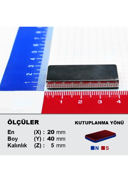 Neodyum Mıknatıs 40 x 20 x 5 Boy 40 mm En 20 mm Kalınlık 5 mm Çok Güçlü Mıknatıs