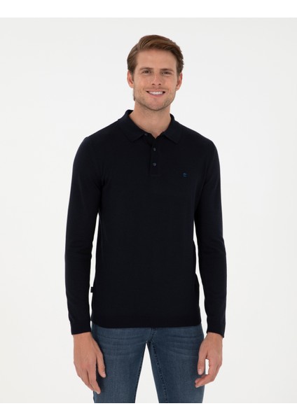 Erkek Lacivert Slim Fit Polo Yaka Basic Triko Kazak 50296623-VR033