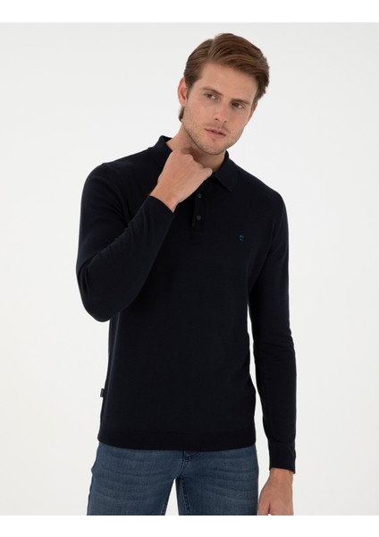 Erkek Lacivert Slim Fit Polo Yaka Basic Triko Kazak 50296623-VR033 modelleri