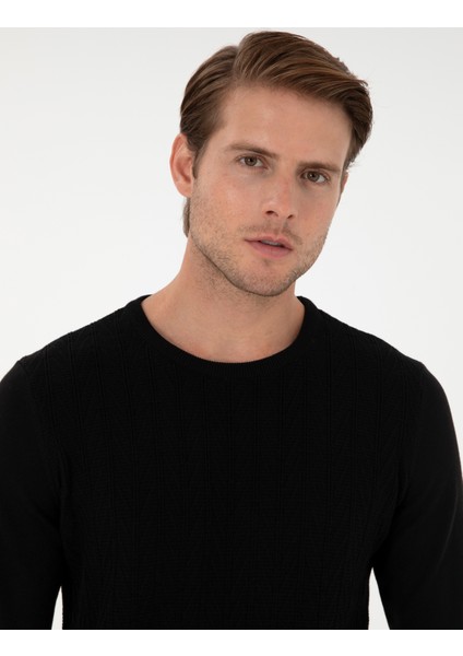Erkek Siyah Slim Fit Bisiklet Yaka Triko Kazak 50300499-VR046 fiyatları
