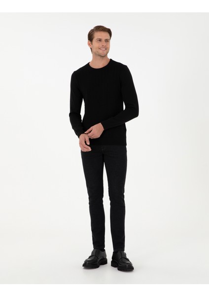 Erkek Siyah Slim Fit Bisiklet Yaka Triko Kazak 50300499-VR046 fırsatları