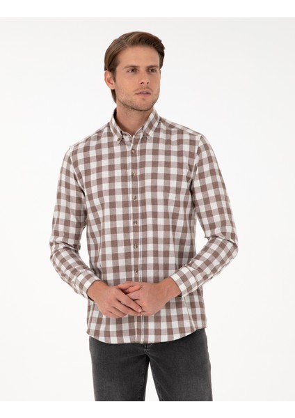 Erkek Kahverengi Kareli Regular Fit Uzun Kollu Gömlek 50298846-VR029