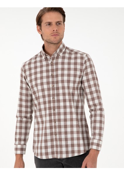 Erkek Kahverengi Kareli Regular Fit Uzun Kollu Gömlek 50298846-VR029 modelleri