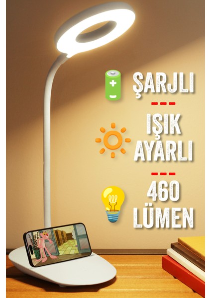 Şarjlı Masa Lambası Dokunmatik 3 Renk 24 LED Telefon Standlı Kademeli Çalışma Okuma Işığı Gece Lambası