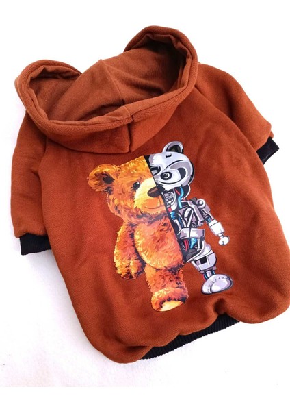 Bearrobo Içi Polarlı Kahverengi %100 Pamuk Kumaş Köpek Kıyafeti Kapüşonlu Sweatshirt