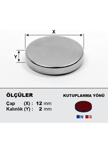 Neodyum Mıknatıs 12x2 Çap 12 mm Kalınlık 2 mm Çok Güçlü Mıknatıs 20'li